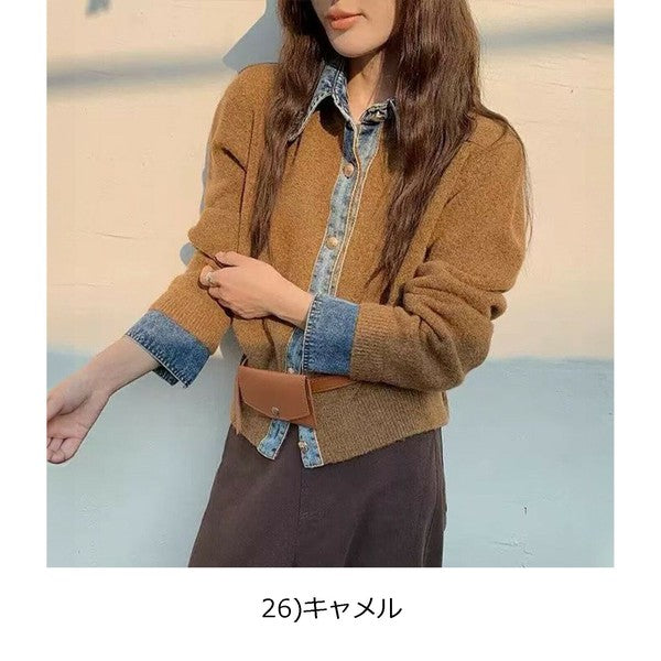 【M〜L】デニム切替・襟付きヴィンテージ風ニットカーディガン｜異素材×大人カジュアル・秋冬防寒・13942453
