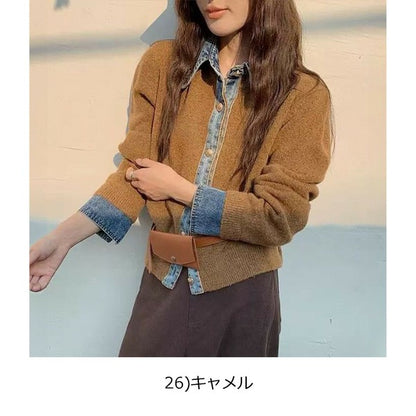 【M〜L】デニム切替・襟付きヴィンテージ風ニットカーディガン｜異素材×大人カジュアル・秋冬防寒・13942453