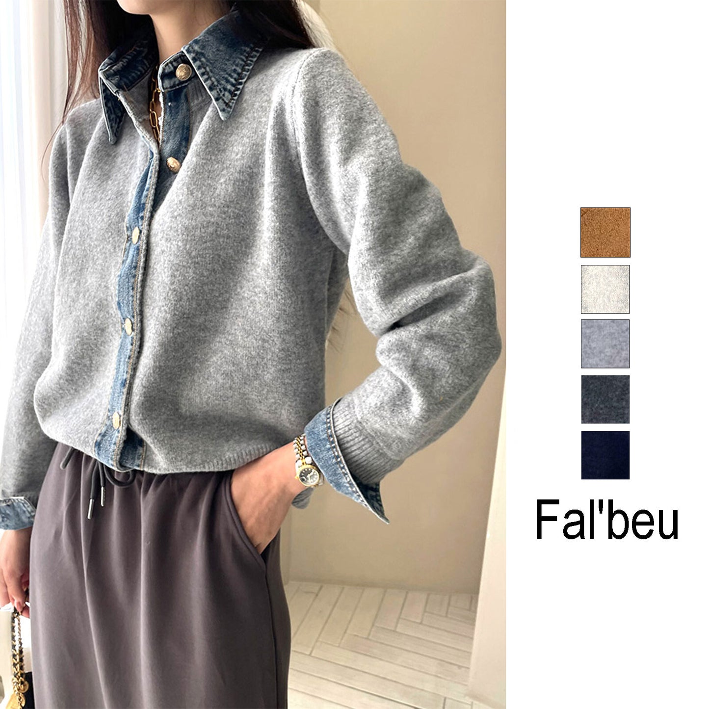 【M〜L】デニム切替・襟付きヴィンテージ風ニットカーディガン｜異素材×大人カジュアル・秋冬防寒・13942453