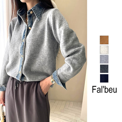 【M〜L】デニム切替・襟付きヴィンテージ風ニットカーディガン｜異素材×大人カジュアル・秋冬防寒・13942453