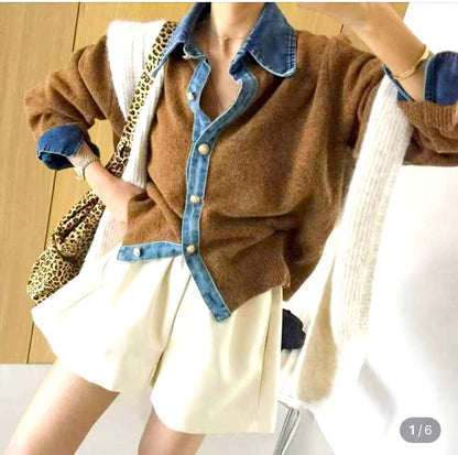 【M〜L】デニム切替・襟付きヴィンテージ風ニットカーディガン｜異素材×大人カジュアル・秋冬防寒・13942453