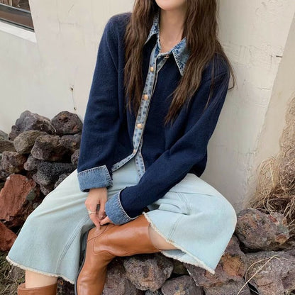 【M〜L】デニム切替・襟付きヴィンテージ風ニットカーディガン｜異素材×大人カジュアル・秋冬防寒・13942453