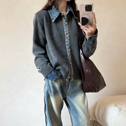 【M〜L】デニム切替・襟付きヴィンテージ風ニットカーディガン｜異素材×大人カジュアル・秋冬防寒・13942453