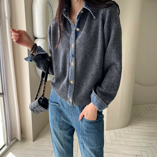 【M〜L】デニム切替・襟付きヴィンテージ風ニットカーディガン｜異素材×大人カジュアル・秋冬防寒・13942453