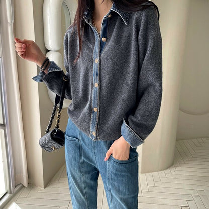 【M〜L】デニム切替・襟付きヴィンテージ風ニットカーディガン｜異素材×大人カジュアル・秋冬防寒・13942453