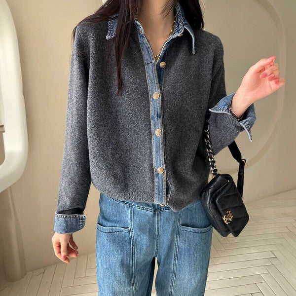 【M〜L】デニム切替・襟付きヴィンテージ風ニットカーディガン｜異素材×大人カジュアル・秋冬防寒・13942453