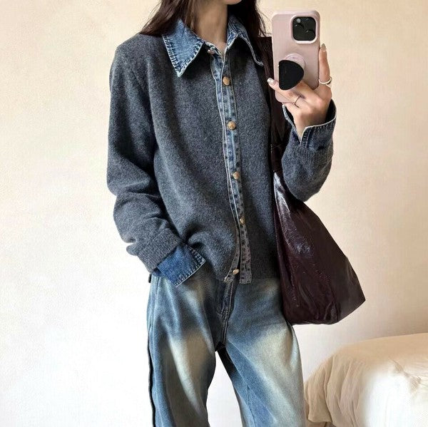 【M〜L】デニム切替・襟付きヴィンテージ風ニットカーディガン｜異素材×大人カジュアル・秋冬防寒・13942453