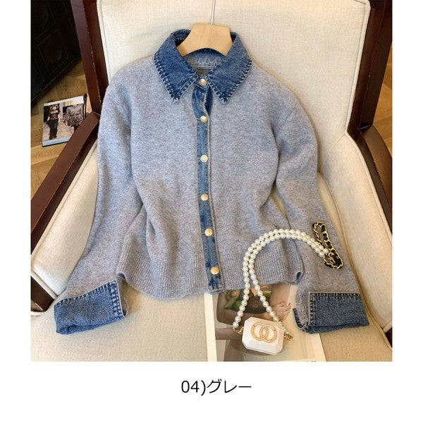 【M〜L】デニム切替・襟付きヴィンテージ風ニットカーディガン｜異素材×大人カジュアル・秋冬防寒・13942453