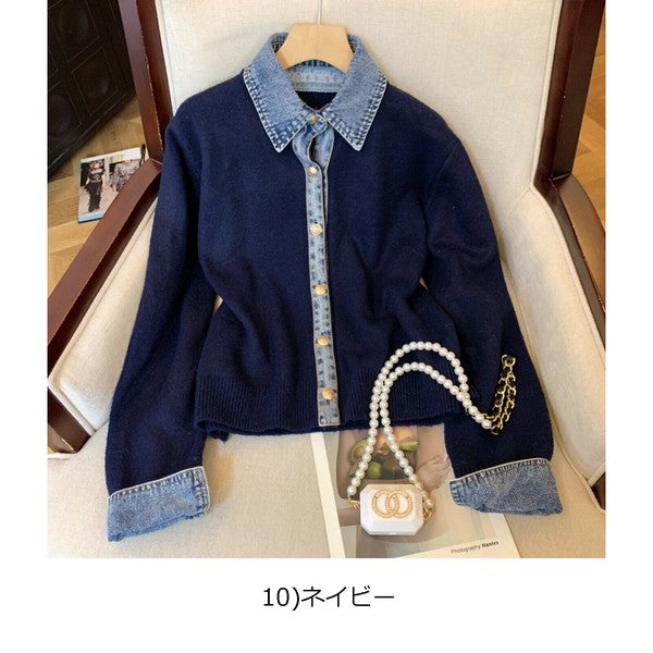 【M〜L】デニム切替・襟付きヴィンテージ風ニットカーディガン｜異素材×大人カジュアル・秋冬防寒・13942453