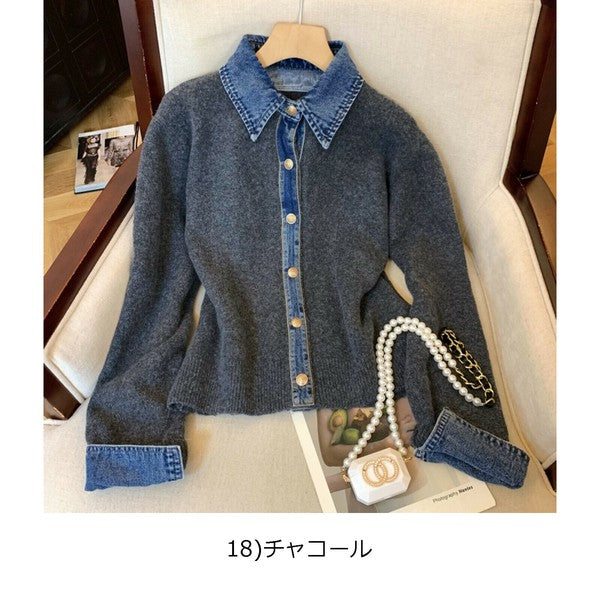 【M〜L】デニム切替・襟付きヴィンテージ風ニットカーディガン｜異素材×大人カジュアル・秋冬防寒・13942453