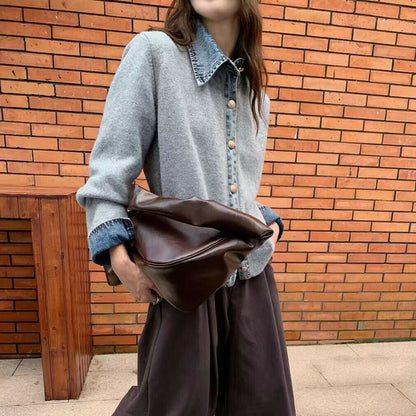 【M〜L】デニム切替・襟付きヴィンテージ風ニットカーディガン｜異素材×大人カジュアル・秋冬防寒・13942453