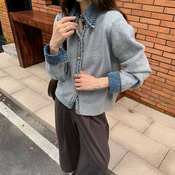 【M〜L】デニム切替・襟付きヴィンテージ風ニットカーディガン｜異素材×大人カジュアル・秋冬防寒・13942453