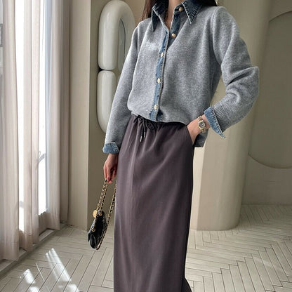 【M〜L】デニム切替・襟付きヴィンテージ風ニットカーディガン｜異素材×大人カジュアル・秋冬防寒・13942453