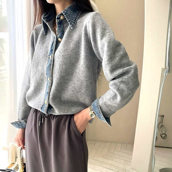 【M〜L】デニム切替・襟付きヴィンテージ風ニットカーディガン｜異素材×大人カジュアル・秋冬防寒・13942453