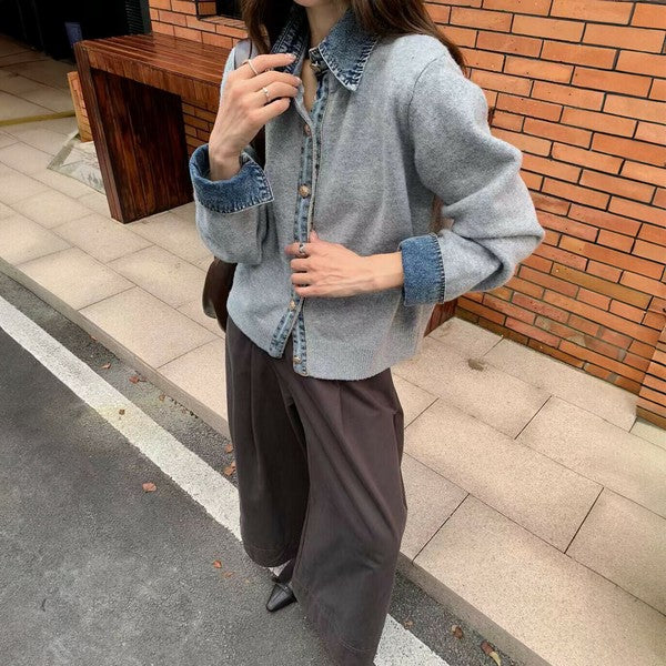 【M〜L】デニム切替・襟付きヴィンテージ風ニットカーディガン｜異素材×大人カジュアル・秋冬防寒・13942453