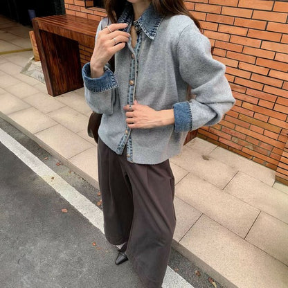 【M〜L】デニム切替・襟付きヴィンテージ風ニットカーディガン｜異素材×大人カジュアル・秋冬防寒・13942453