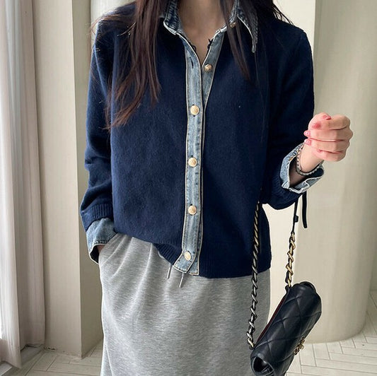 【M〜L】デニム切替・襟付きヴィンテージ風ニットカーディガン｜異素材×大人カジュアル・秋冬防寒・13942453