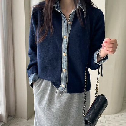 ニット カーディガン デニム切替 異素材 ドッキング レイヤード風 すっきり 秋冬 M L