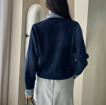 【M〜L】デニム切替・襟付きヴィンテージ風ニットカーディガン｜異素材×大人カジュアル・秋冬防寒・13942453