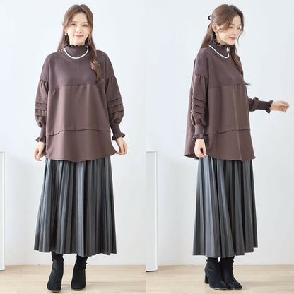 【M〜L】ニット×布帛ドッキングプルオーバー｜異素材切替・フリルネック・秋冬トップス｜C31-1451B