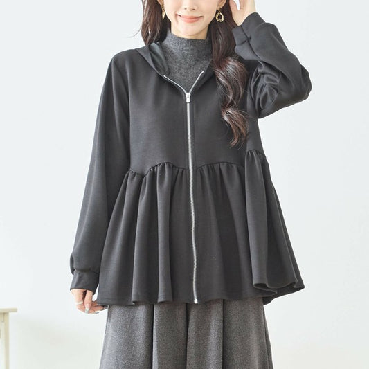 パーカー ジップアップ フレア ペプラム フーディ ウエスト切替 すっきり 春秋冬 M L