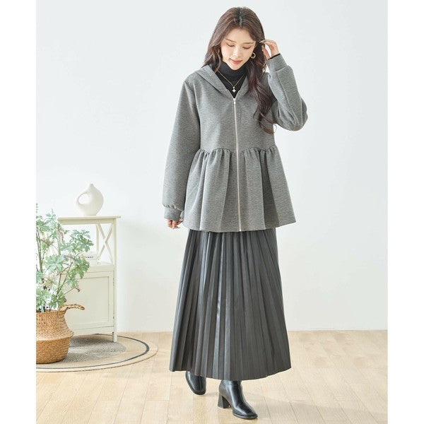 M〜L】フレアフーディジップパーカー｜ウエスト切替・軽やかペプラム