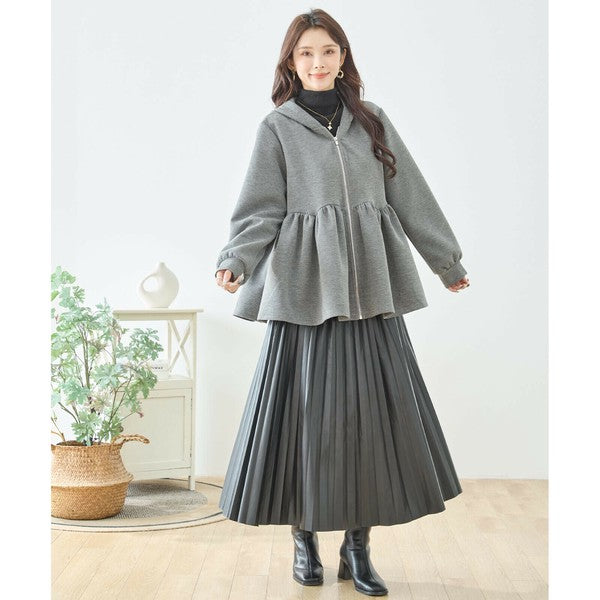 M〜L】フレアフーディジップパーカー｜ウエスト切替・軽やかペプラム