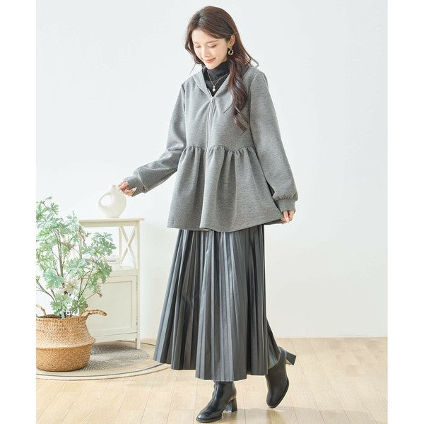 M〜L】フレアフーディジップパーカー｜ウエスト切替・軽やかペプラム