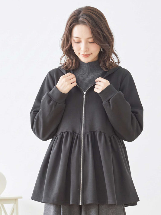 パーカー ジップアップ フレア ペプラム フーディ ウエスト切替 すっきり 春秋冬 M L