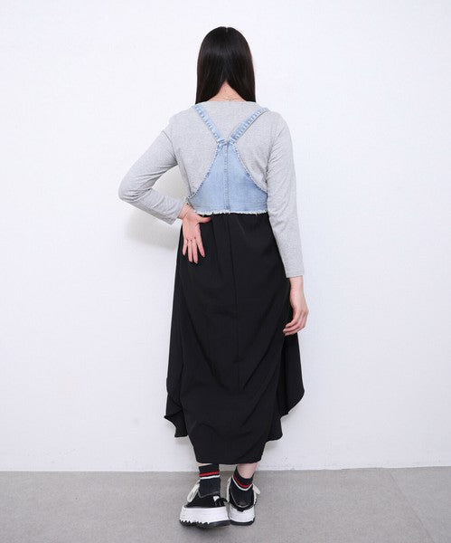 M〜L】デニム切替シフォンジャンパースカート｜ふんわり軽やか・体型