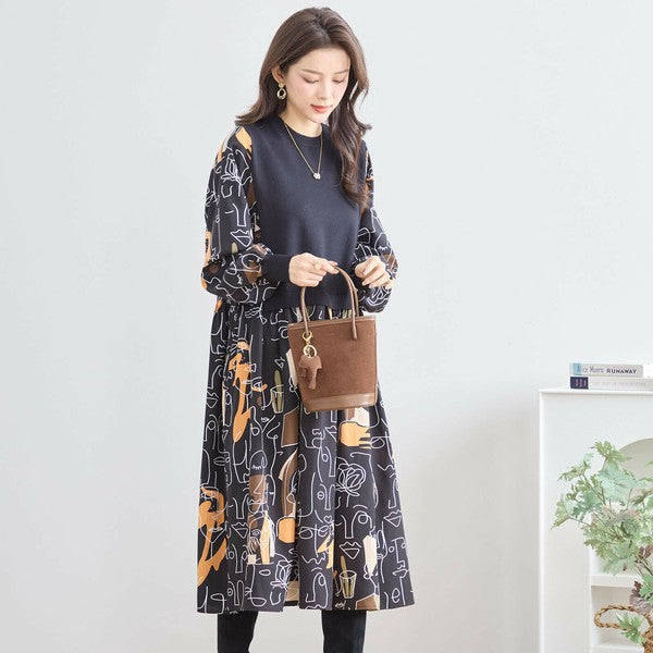 L〜LL】異素材ドッキングイラスト柄ワンピース｜アートプリント