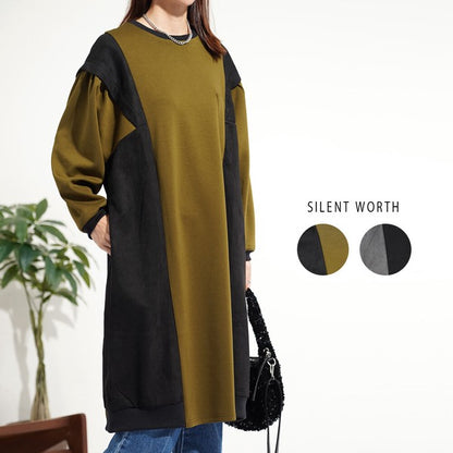 ワンピース ロング 異素材 配色 バイカラー ゆったり 体型カバー 秋 冬 M L
