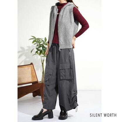 【Mサイズ】フード付ジップアップニットベスト｜重ね着しやすいショート丈・SILENT WORTH Y-0177