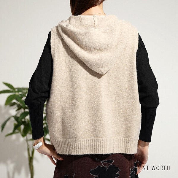 Mサイズ】フード付ジップアップニットベスト｜重ね着しやすいショート