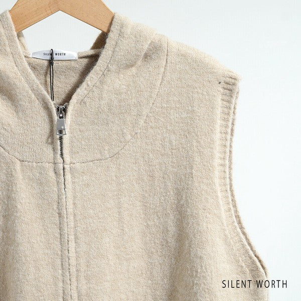 Mサイズ】フード付ジップアップニットベスト｜重ね着しやすいショート