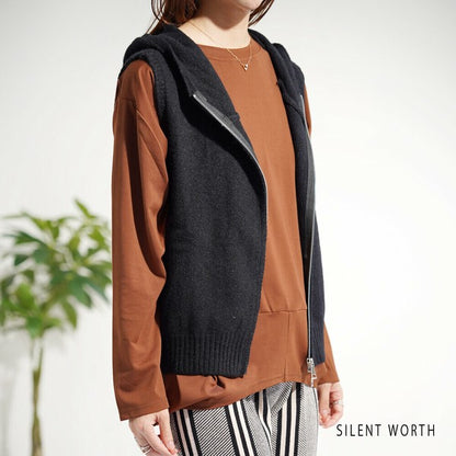【Mサイズ】フード付ジップアップニットベスト｜重ね着しやすいショート丈・SILENT WORTH Y-0177