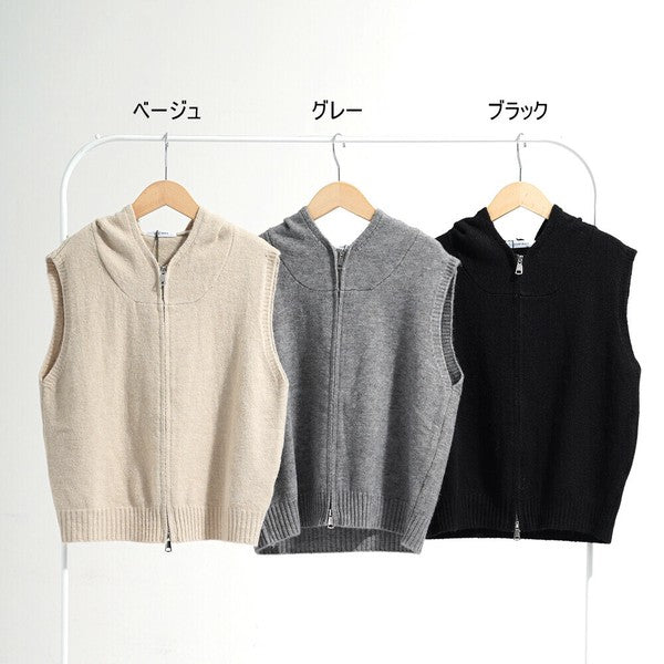 Mサイズ】フード付ジップアップニットベスト｜重ね着しやすいショート