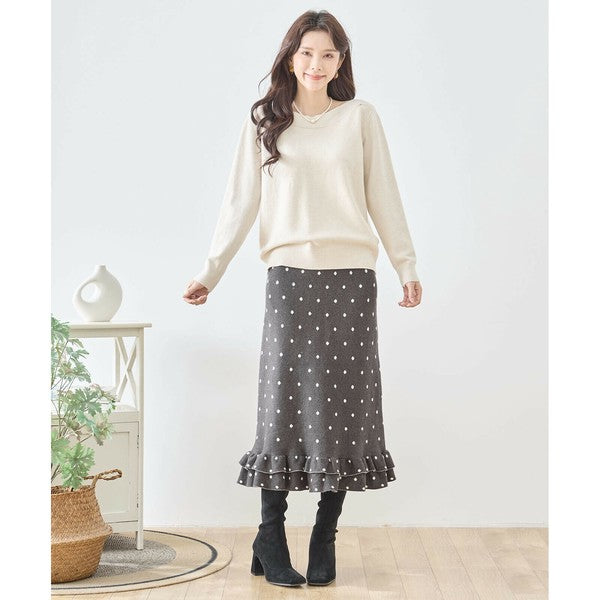 【M〜L】ドットジャガードニットスカート｜amie studio レディース ミモレ丈 ウエストゴム 裾フリル N42-160