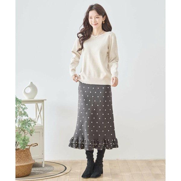 【M〜L】ドットジャガードニットスカート｜amie studio レディース ミモレ丈 ウエストゴム 裾フリル N42-160