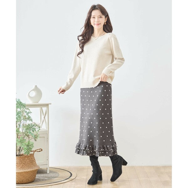 【M〜L】ドットジャガードニットスカート｜amie studio レディース ミモレ丈 ウエストゴム 裾フリル N42-160