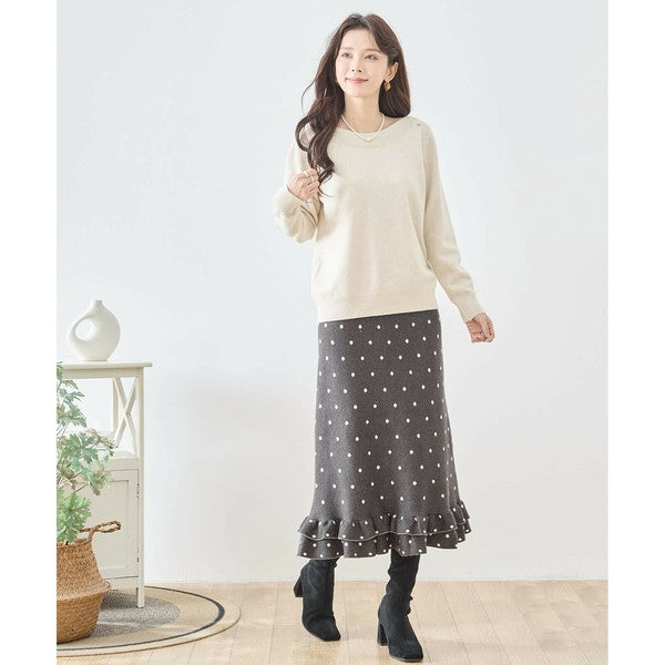 【M〜L】ドットジャガードニットスカート｜amie studio レディース ミモレ丈 ウエストゴム 裾フリル N42-160