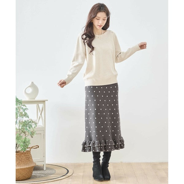 【M〜L】ドットジャガードニットスカート｜amie studio レディース ミモレ丈 ウエストゴム 裾フリル N42-160