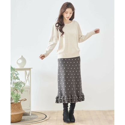 【M〜L】ドットジャガードニットスカート｜amie studio レディース ミモレ丈 ウエストゴム 裾フリル N42-160