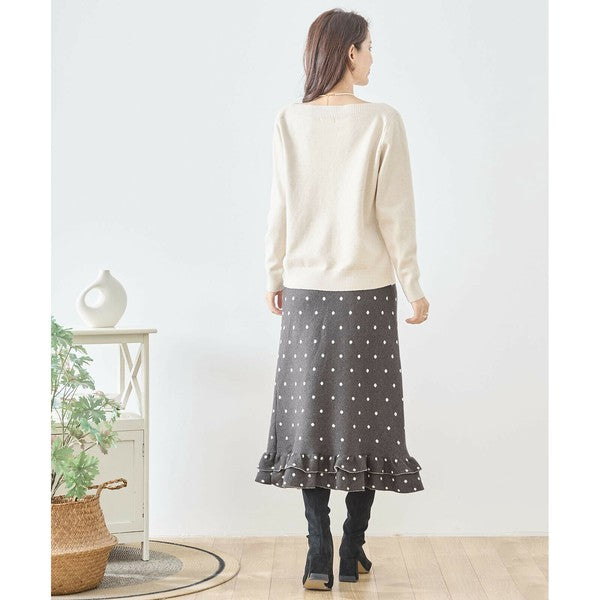 【M〜L】ドットジャガードニットスカート｜amie studio レディース ミモレ丈 ウエストゴム 裾フリル N42-160