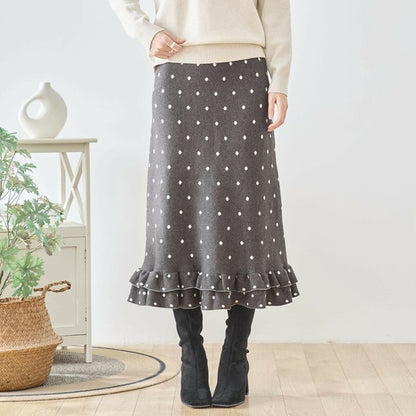 【M〜L】ドットジャガードニットスカート｜amie studio レディース ミモレ丈 ウエストゴム 裾フリル N42-160