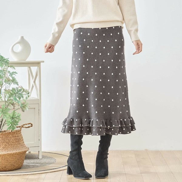 【M〜L】ドットジャガードニットスカート｜amie studio レディース ミモレ丈 ウエストゴム 裾フリル N42-160