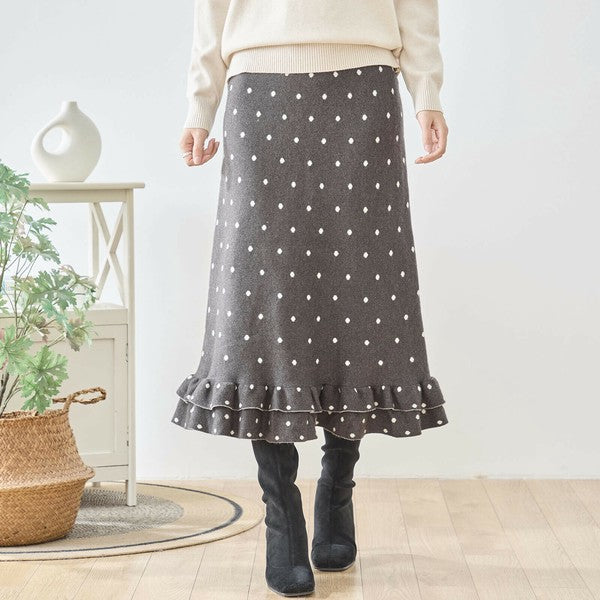 【M〜L】ドットジャガードニットスカート｜amie studio レディース ミモレ丈 ウエストゴム 裾フリル N42-160