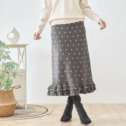 【M〜L】ドットジャガードニットスカート｜amie studio レディース ミモレ丈 ウエストゴム 裾フリル N42-160