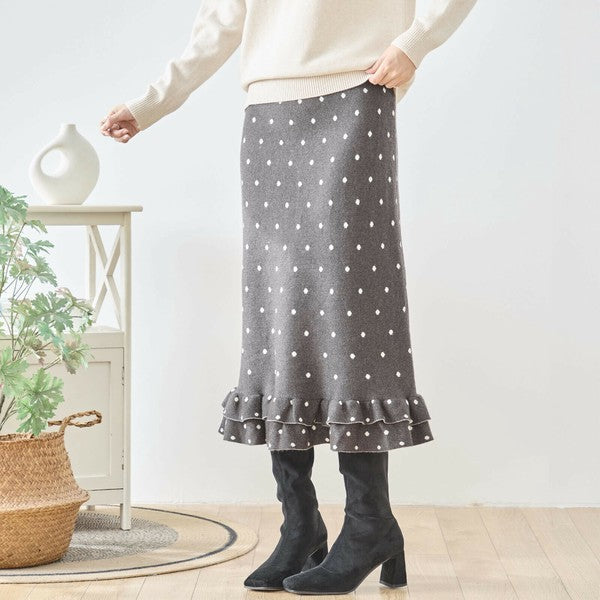 【M〜L】ドットジャガードニットスカート｜amie studio レディース ミモレ丈 ウエストゴム 裾フリル N42-160