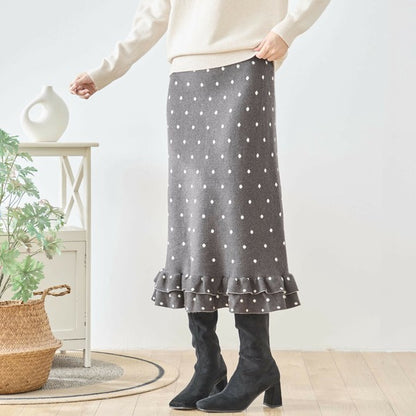 【M〜L】ドットジャガードニットスカート｜amie studio レディース ミモレ丈 ウエストゴム 裾フリル N42-160